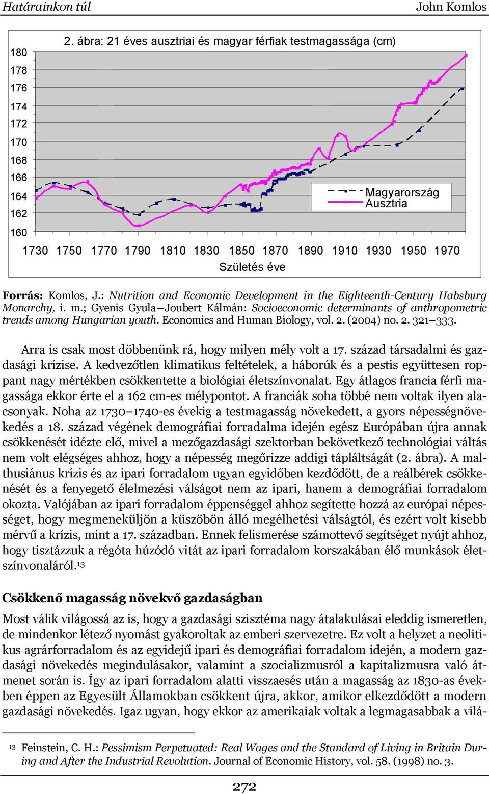 : Nutrition and Economic Development in the Eighteenth-Century Habsburg Monarchy, i. m.; Gyenis Gyula Joubert Kálmán: Socioeconomic determinants of anthropometric trends among Hungarian youth.
