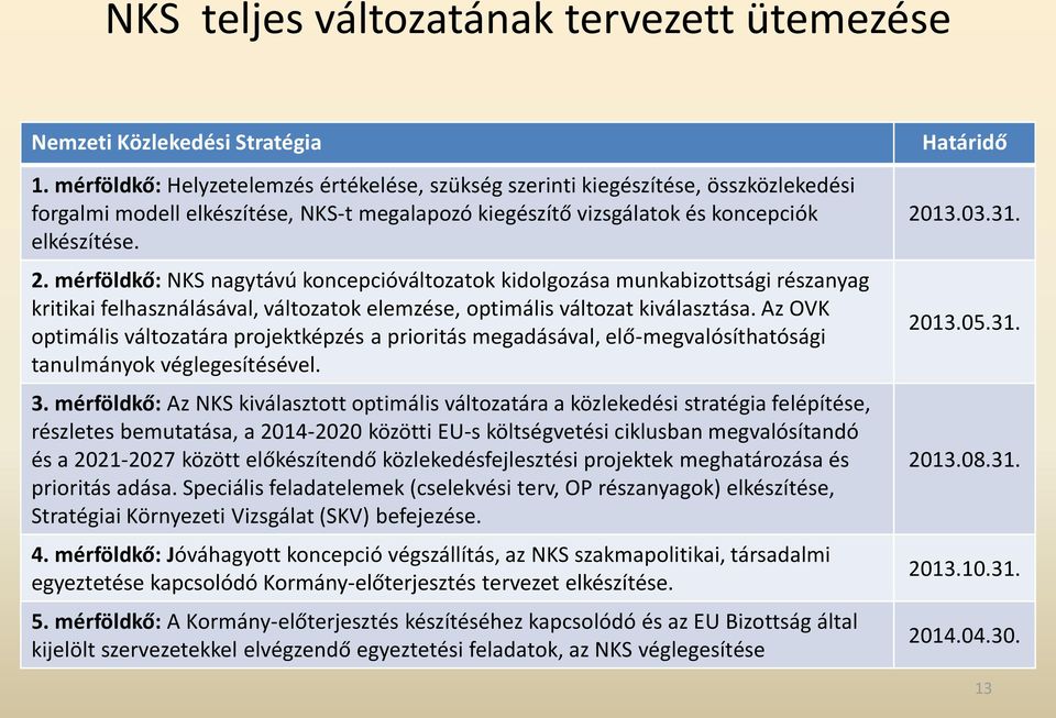 mérföldkő: NKS nagytávú koncepcióváltozatok kidolgozása munkabizottsági részanyag kritikai felhasználásával, változatok elemzése, optimális változat kiválasztása.