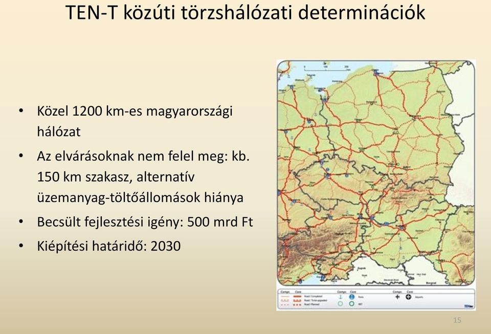 150 km szakasz, alternatív üzemanyag-töltőállomások hiánya