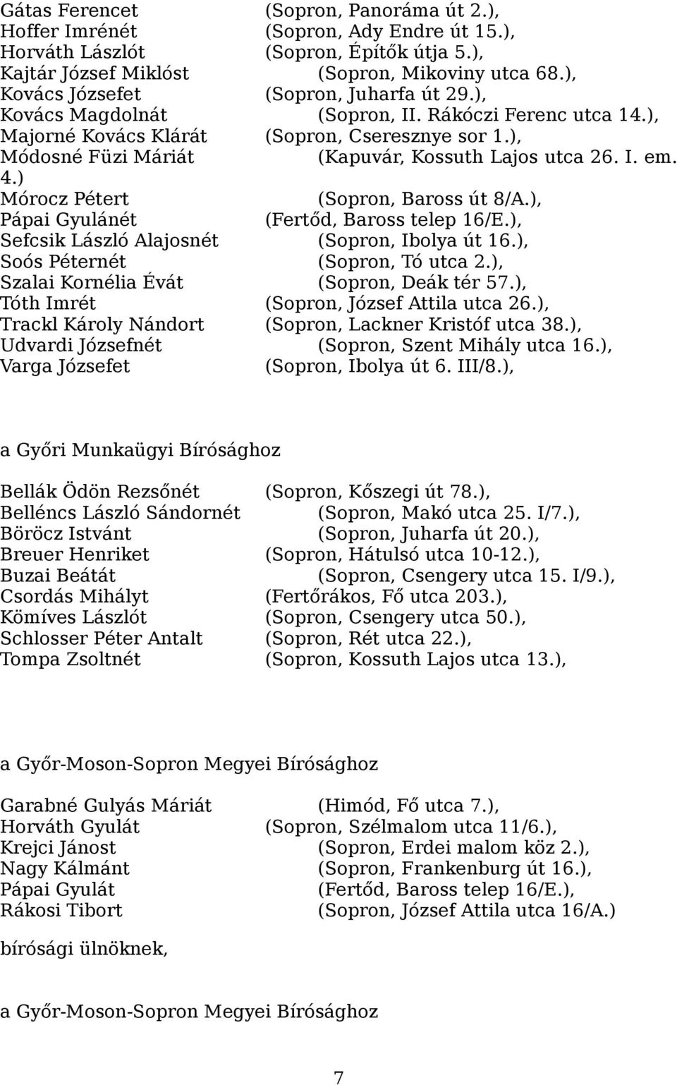 ), Módosné Füzi Máriát (Kapuvár, Kossuth Lajos utca 26. I. em. 4.) Mórocz Pétert (Sopron, Baross út 8/A.), Pápai Gyulánét (Fertőd, Baross telep 16/E.), Sefcsik László Alajosnét (Sopron, Ibolya út 16.