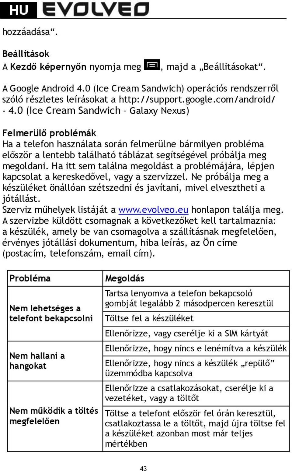 0 (Ice Cream Sandwich Galaxy Nexus) Felmerülő problémák Ha a telefon használata során felmerülne bármilyen probléma először a lentebb található táblázat segítségével próbálja meg megoldani.