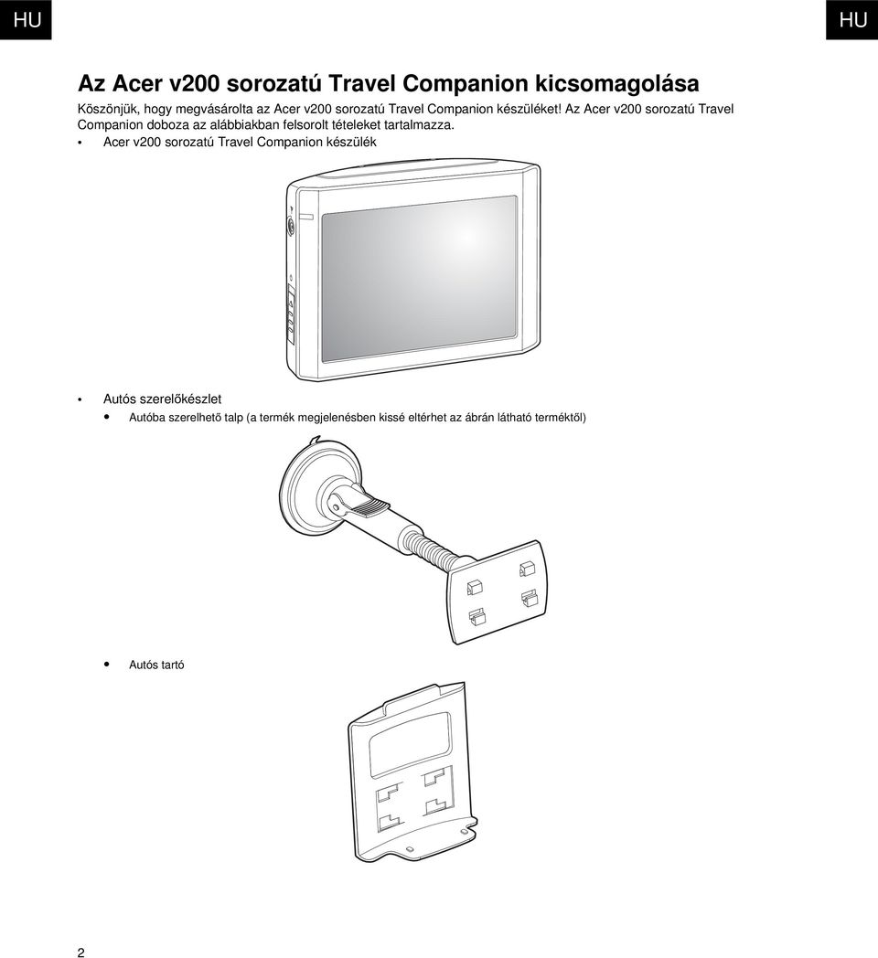 Az Acer v200 sorozatú Travel Companion doboza az alábbiakban felsorolt tételeket tartalmazza.