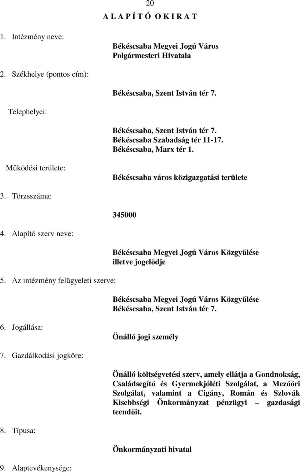 Alapító szerv neve: 5. Az intézmény felügyeleti szerve: Békéscsaba Megyei Jogú Város Közgyőlése illetve jogelıdje Békéscsaba Megyei Jogú Város Közgyőlése Békéscsaba, Szent István tér 7. 6.