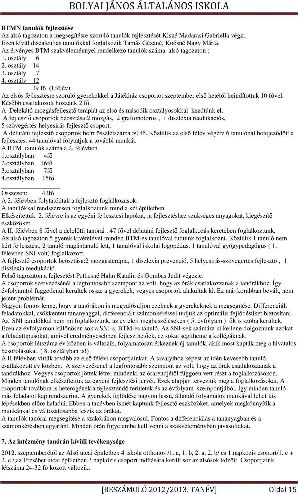 félév) Az elsős fejlesztésre szoruló gyerekekkel a Játékház csoportot szeptember első hetétől beindítottuk 10 fővel. Később csatlakozott hozzánk 2 fő.