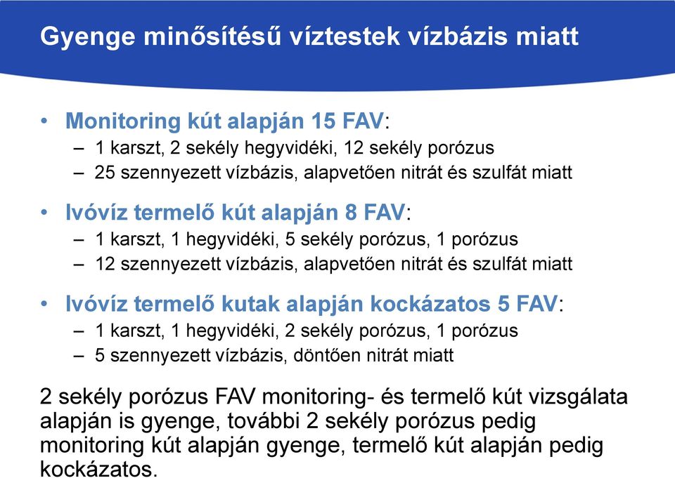 szulfát miatt Ivóvíz termelő kutak alapján kockázatos 5 FAV: 1 karszt, 1 hegyvidéki, 2 sekély porózus, 1 porózus 5 szennyezett vízbázis, döntően nitrát miatt 2