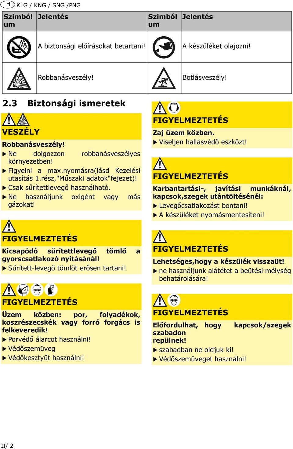 Csak sűrítettlevegő használható. Ne használjunk oxigént vagy más gázokat! FIGYELMEZTETÉS Zaj üzem közben. Viseljen hallásvédő eszközt!