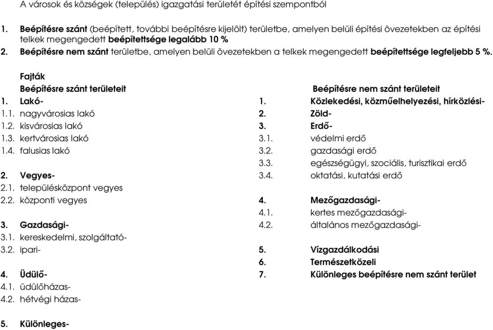 Beépítésre nem szánt területbe, amelyen belüli övezetekben a telkek megengedett beépítettsége legfeljebb 5 %. Fajták Beépítésre szánt területeit Beépítésre nem szánt területeit 1. Lakó- 1.