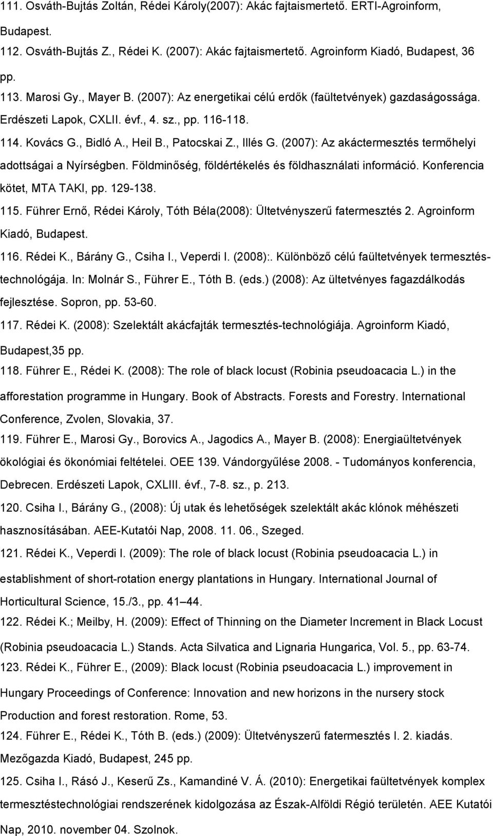 (2007): Az akáctermesztés termőhelyi adottságai a Nyírségben. Földminőség, földértékelés és földhasználati információ. Konferencia kötet, MTA TAKI, pp. 129-138. 115.