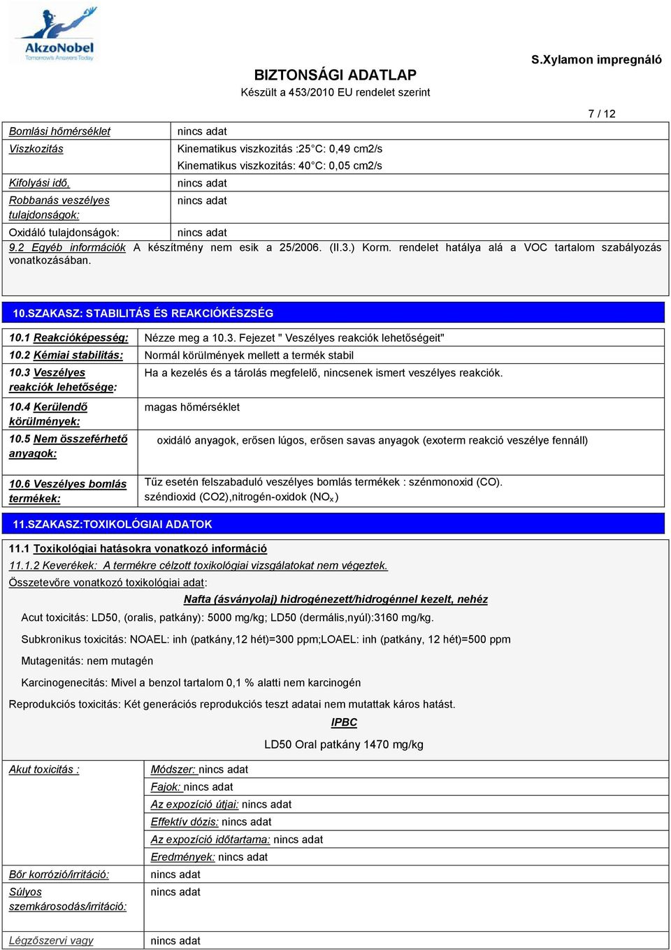 1 Reakcióképesség: Nézze meg a 10.3. Fejezet " Veszélyes reakciók lehetőségeit" 10.2 Kémiai stabilitás: Normál körülmények mellett a termék stabil 10.3 Veszélyes reakciók lehetősége: 10.