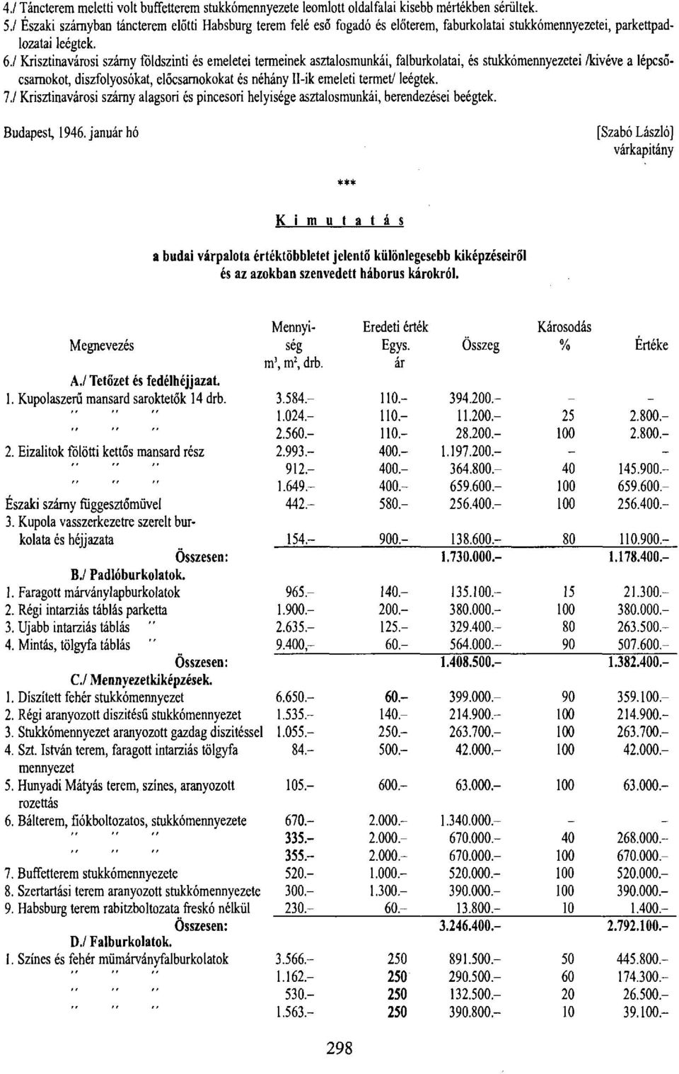 / Krisztinavárosi szárny földszinti és emeletei termeinek asztalosmunkái, falburkolatai, és stukkómennyezetei /kivéve a lépcsőcsarnokot, diszfolyosókat, előcsarnokokat és néhány II-ik emeleti termet/