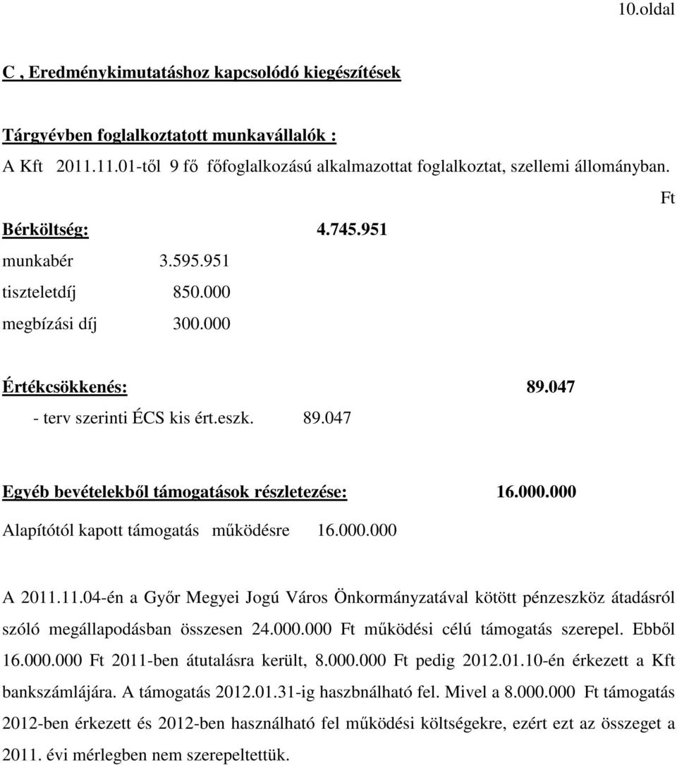 000.000 A 2011.11.04-én a Gyır Megyei Jogú Város Önkormányzatával kötött pénzeszköz átadásról szóló megállapodásban összesen 24.000.000 mőködési célú támogatás szerepel. Ebbıl 16.000.000 2011-ben átutalásra került, 8.