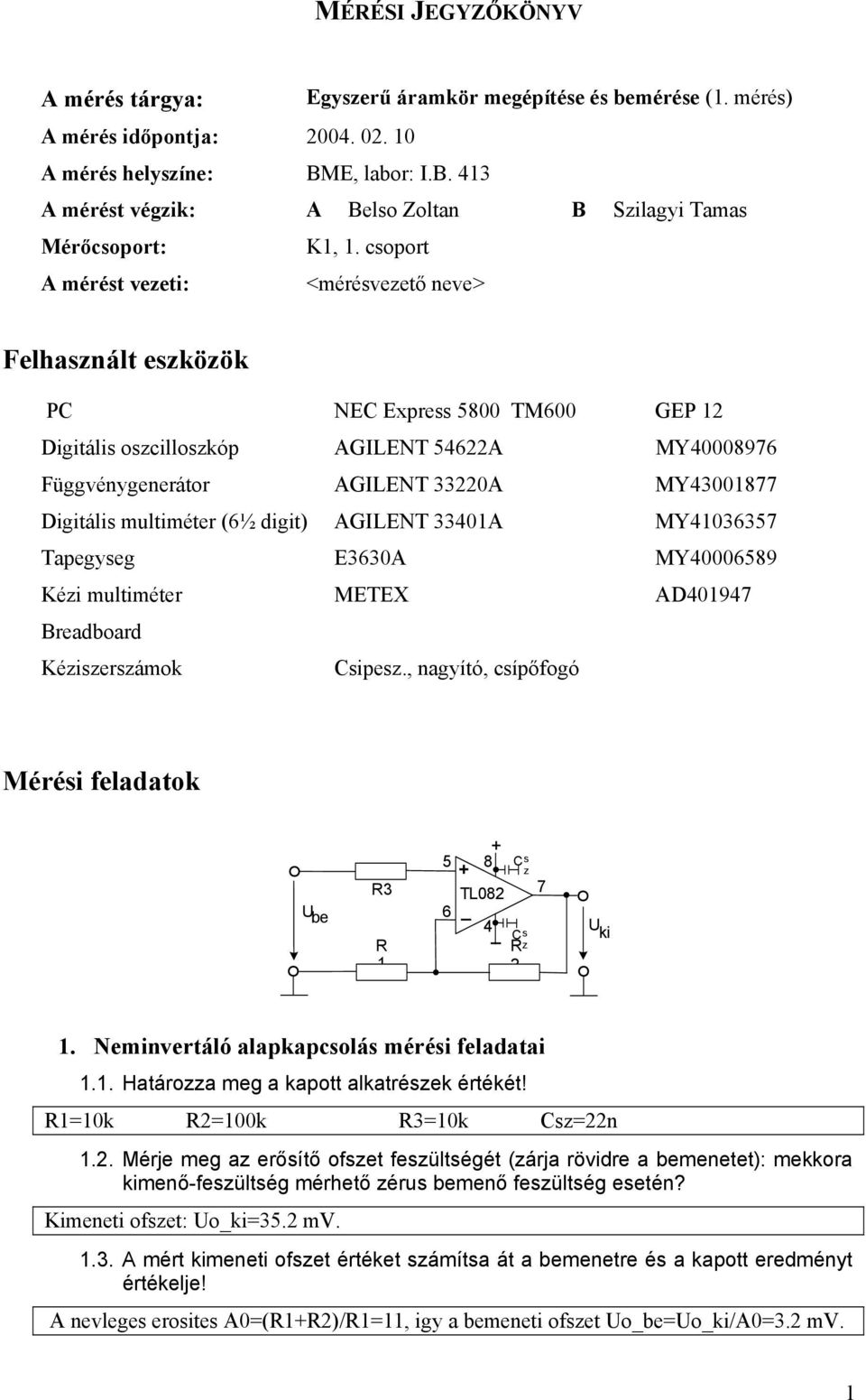 csoport A mérést vezeti: <mérésvezető neve> Felhasznált eszközök PC NEC Express 5800 TM600 GEP 12 Digitális oszcilloszkóp AGILENT 54622A MY40008976 Függvénygenerátor AGILENT 33220A MY43001877