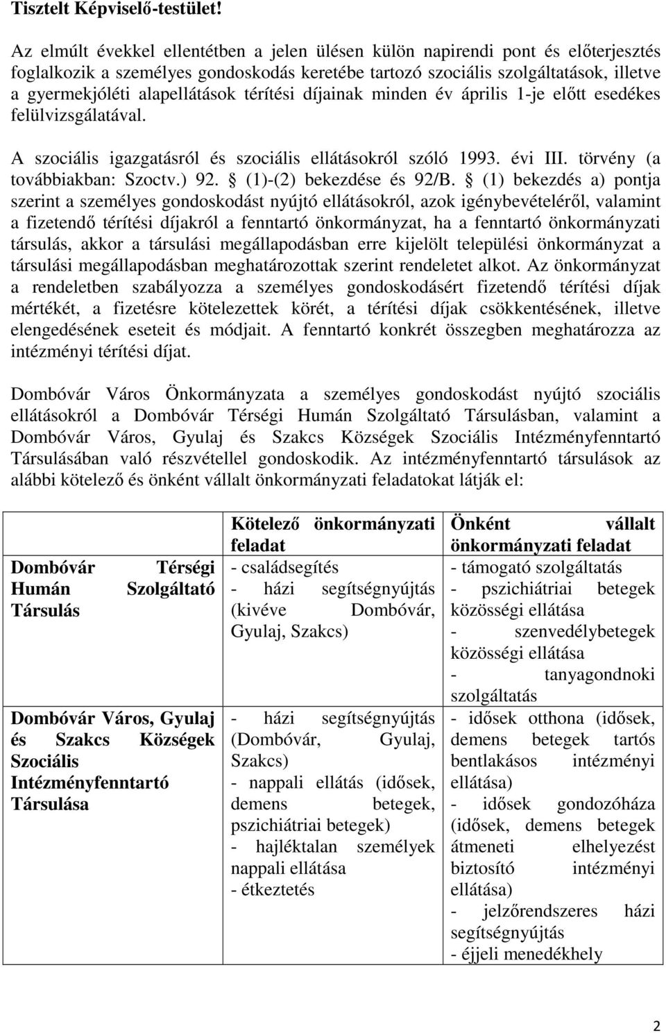 térítési díjainak minden év április 1-je előtt esedékes felülvizsgálatával. A szociális igazgatásról és szociális ellátásokról szóló 1993. évi III. törvény (a továbbiakban: Szoctv.) 92.