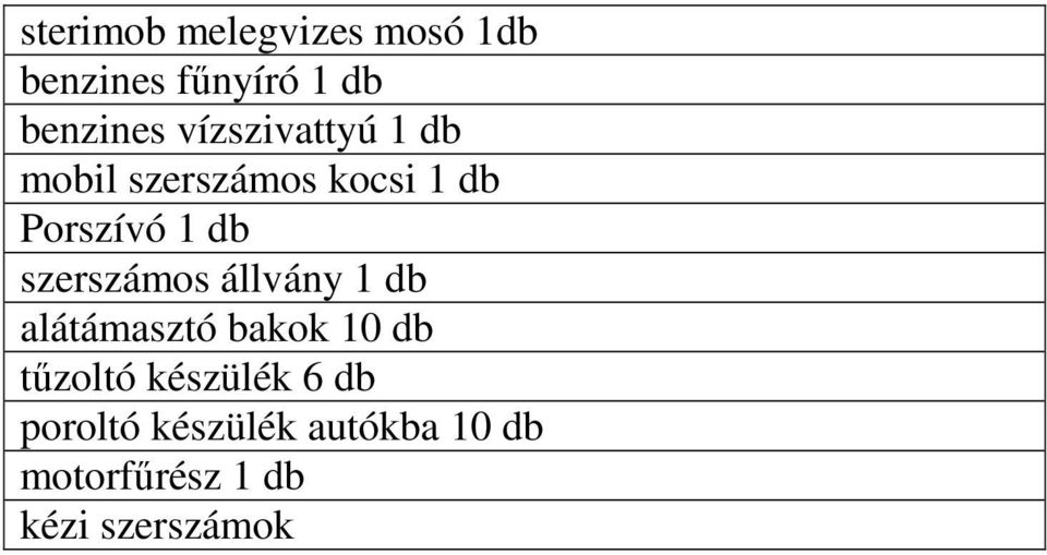 szerszámos állvány 1 db alátámasztó bakok 10 db tűzoltó