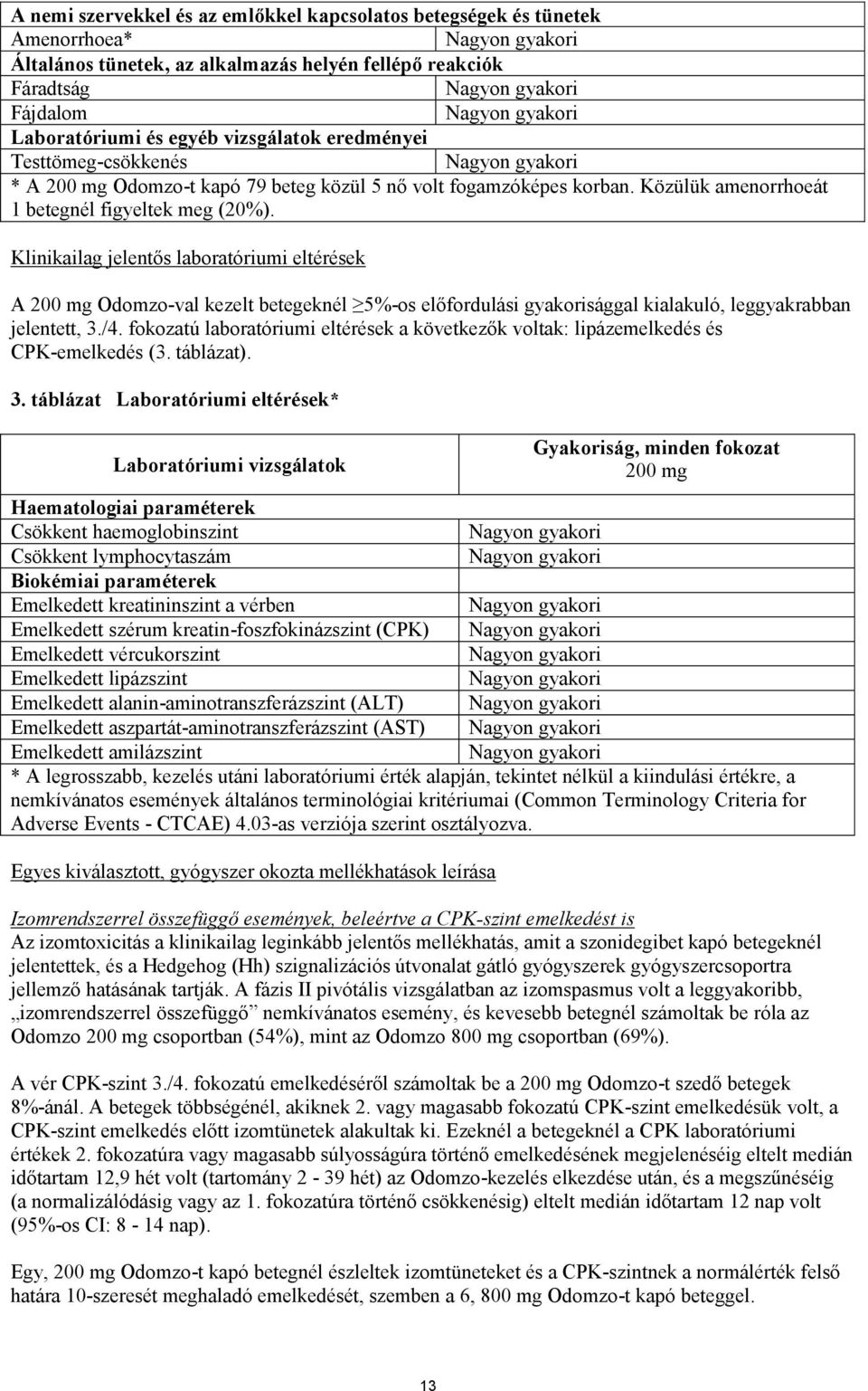 Klinikailag jelentős laboratóriumi eltérések A 200 mg Odomzo-val kezelt betegeknél 5%-os előfordulási gyakorisággal kialakuló, leggyakrabban jelentett, 3./4.