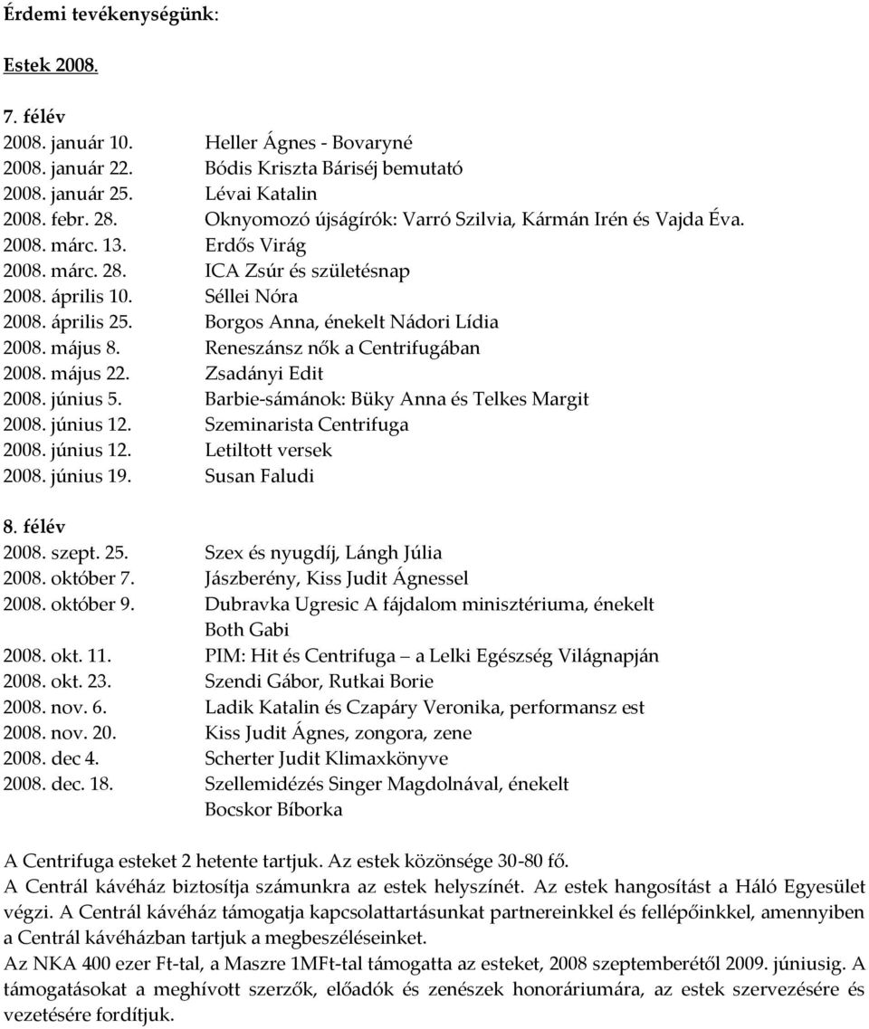 Borgos Anna, énekelt N{dori Lídia 2008. m{jus 8. Renesz{nsz nők a Centrifug{ban 2008. m{jus 22. Zsad{nyi Edit 2008. június 5. Barbie-s{m{nok: Büky Anna és Telkes Margit 2008. június 12.