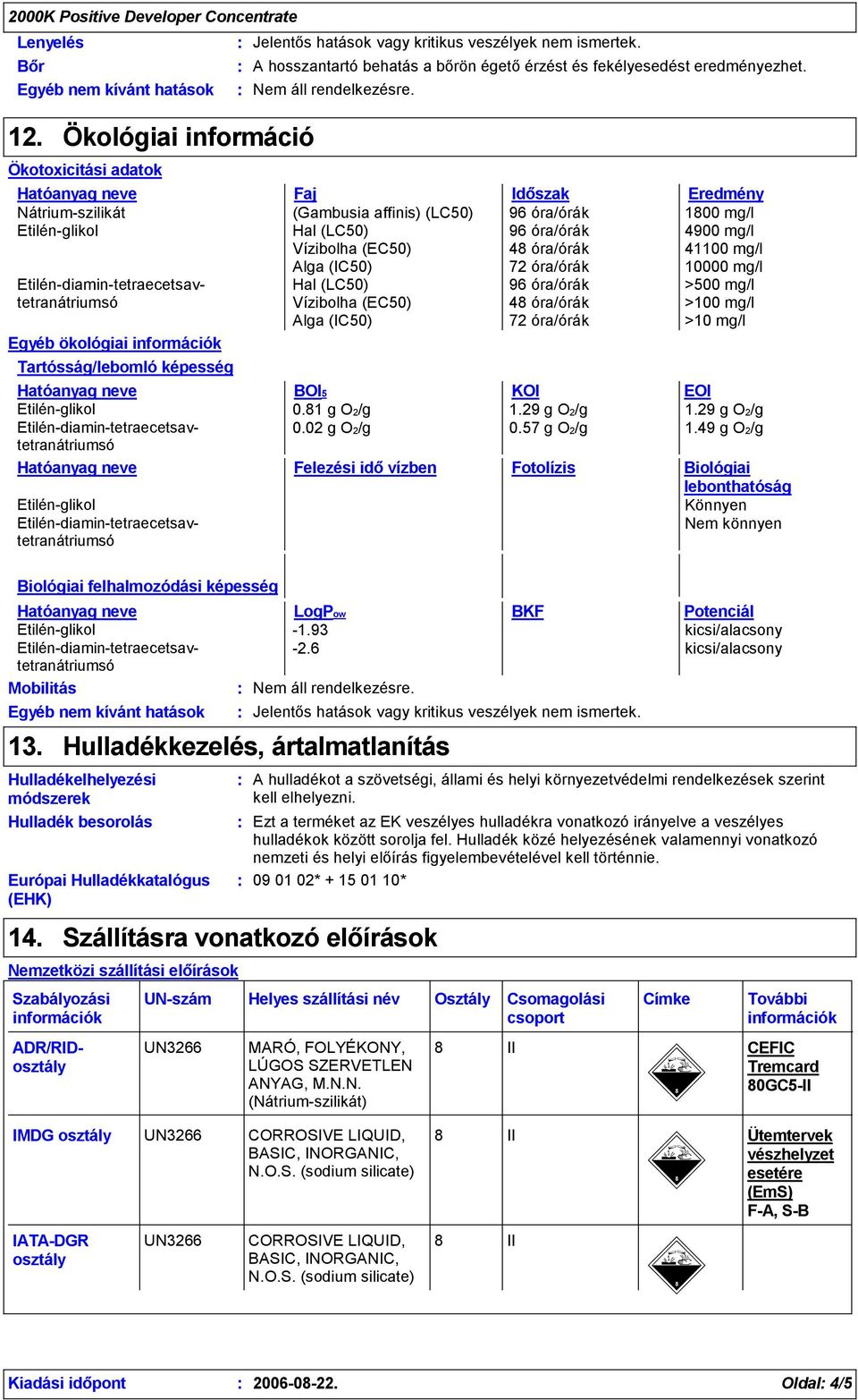 mg/l 10000 mg/l Hal (LC50) Vízibolha (EC50) Alga (IC50) 96 óra/órák 4 óra/órák 72 óra/órák >500 mg/l >100 mg/l >10 mg/l Biológiai felhalmozódási képesség 13.