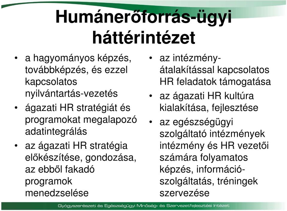 menedzselése az intézményátalakítással kapcsolatos HR feladatok támogatása az ágazati HR kultúra kialakítása, fejlesztése az