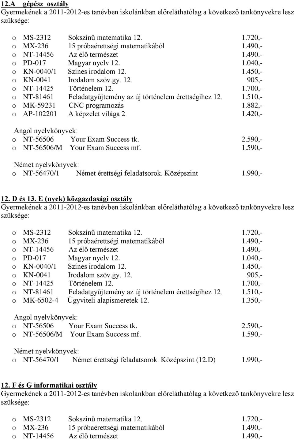 882,- o AP-102201 A képzelet világa 2. 1.420,- o NT-56506 Your Exam Success tk. 2.590,- o NT-56506/M Your Exam Success mf. 1.590,- o NT-56470/1 Német érettségi feladatsorok. Középszint 1.990,- 12.