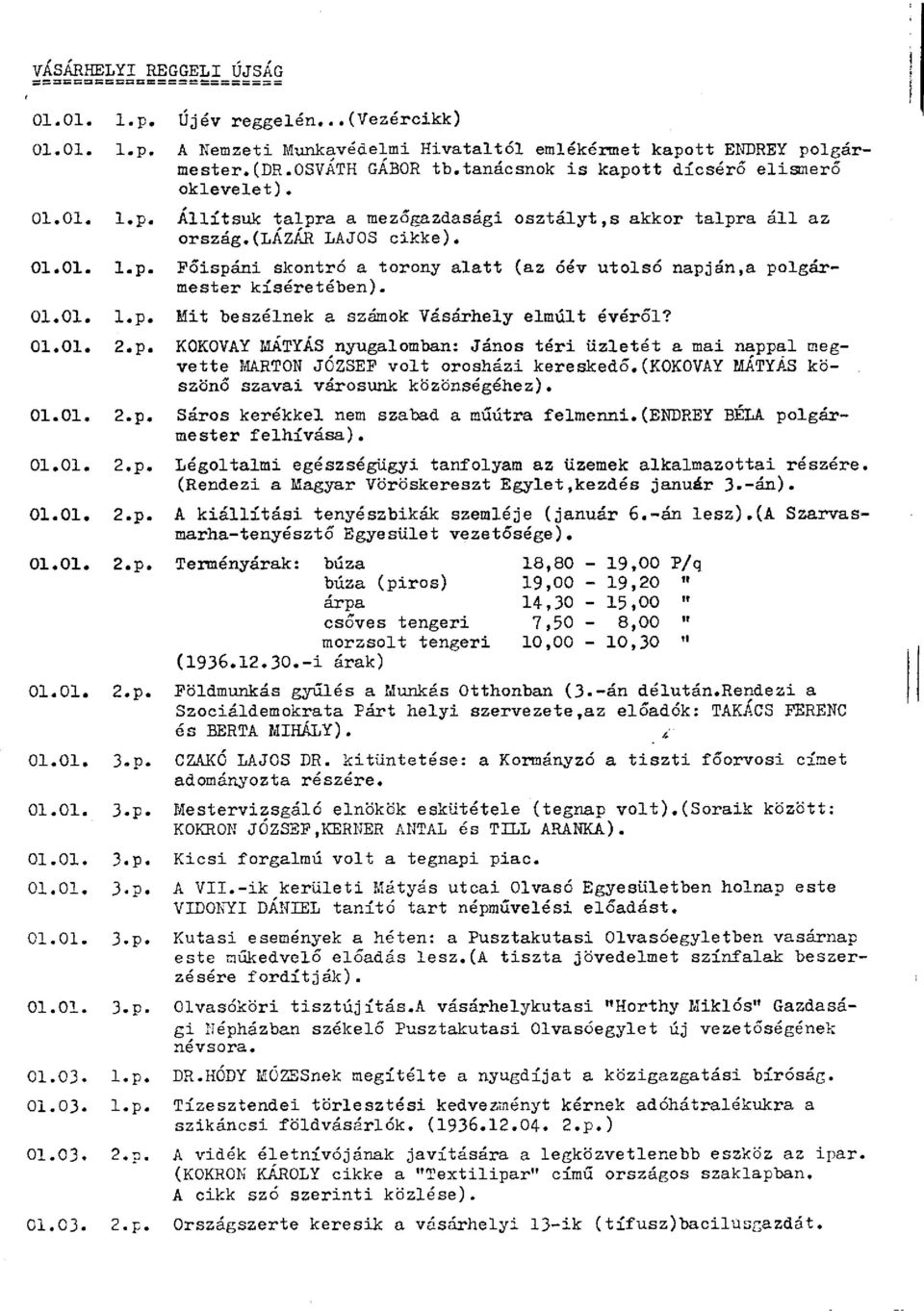 01.01. l.p. Mit beszélnek a számok Vásárhely elmúlt évéről? 01.01. 2.p. KOKOVAY MÁTYÁS nyugalomban: János téri üzletét a mai nappal megvette MARTON JÓZSEF volt orosházi kereskedő.