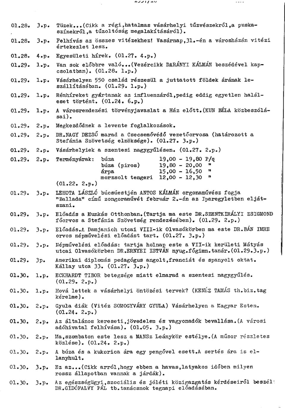 (01.29. l.p.) 01.29. l.p. Rémhíreket gyártanak az influenzáról,pedig eddig egyetlen haláleset történt. (01.24. 6.p.) 01.29. l.p. A városrendezési törvényjavaslat a Ház előtt.(kun BÉLA közbeszólásai).