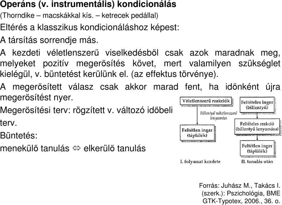 A kezdeti véletlenszerő viselkedésbıl csak azok maradnak meg, melyeket pozitív megerısítés követ, mert valamilyen szükséglet kielégül, v.