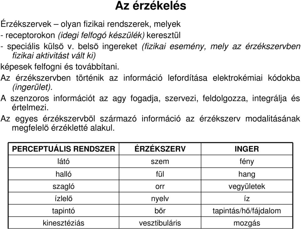 Az érzékszervben történik az információ lefordítása elektrokémiai kódokba (ingerület). A szenzoros információt az agy fogadja, szervezi, feldolgozza, integrálja és értelmezi.