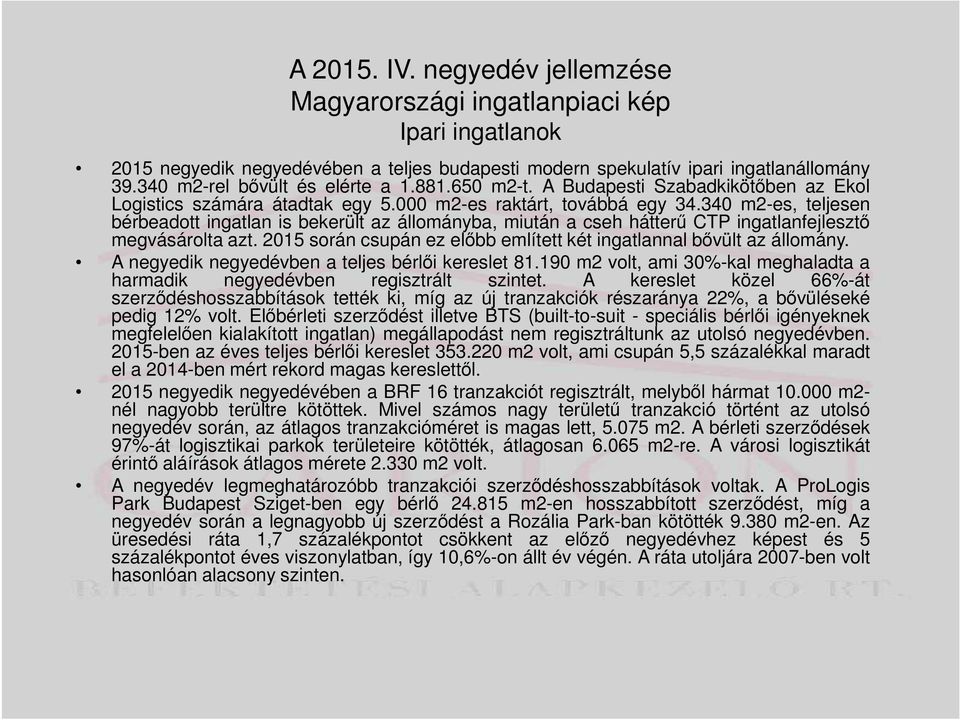 340 m2-es, teljesen bérbeadott ingatlan is bekerült az állományba, miután a cseh hátterű CTP ingatlanfejlesztő megvásárolta azt. 2015 során csupán ez előbb említett két ingatlannal bővült az állomány.