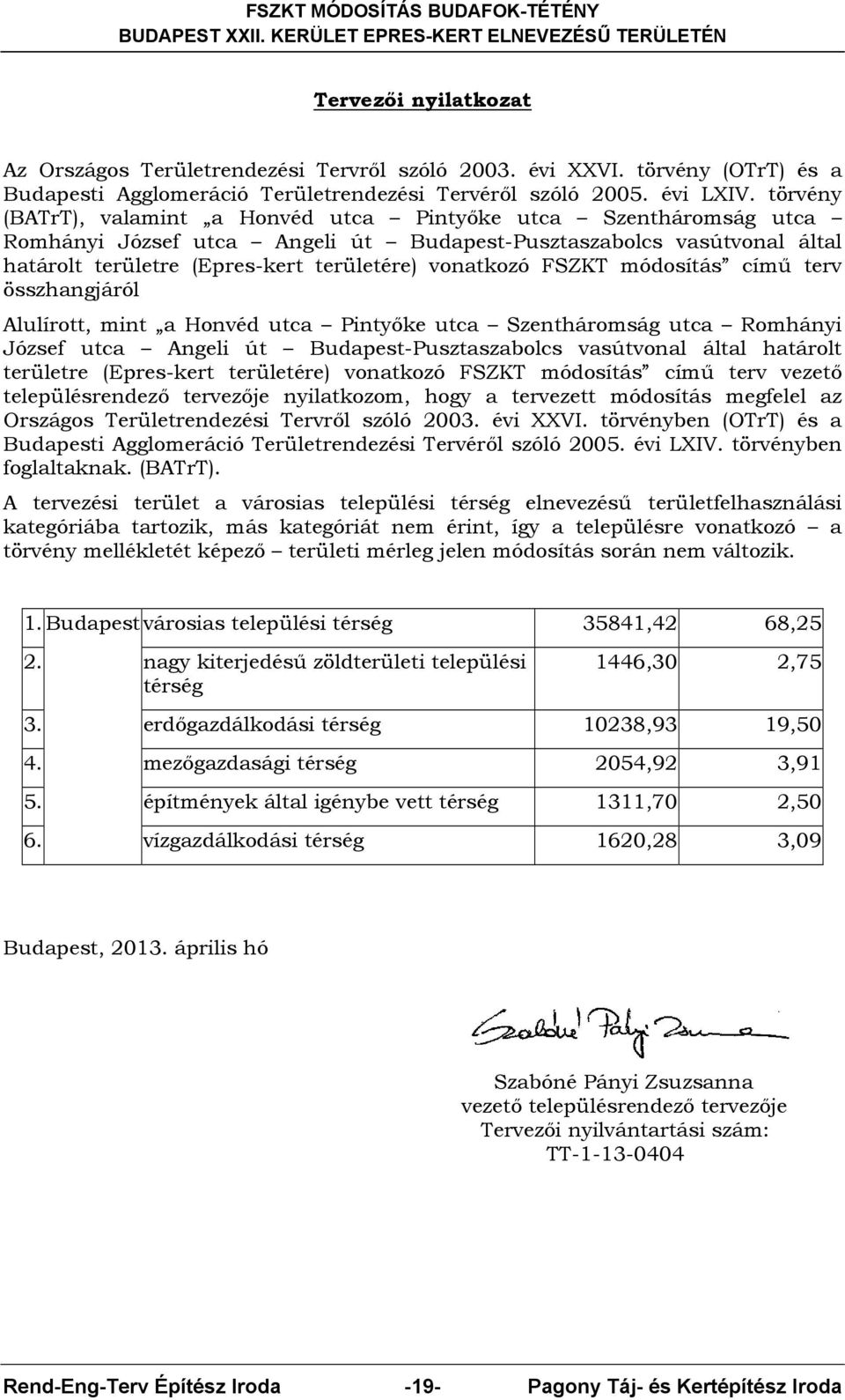 FSZKT módosítás című terv összhangjáról Alulírott, mint a Honvéd utca Pintyőke utca Szentháromság utca Romhányi József utca Angeli út Budapest-Pusztaszabolcs vasútvonal által határolt területre