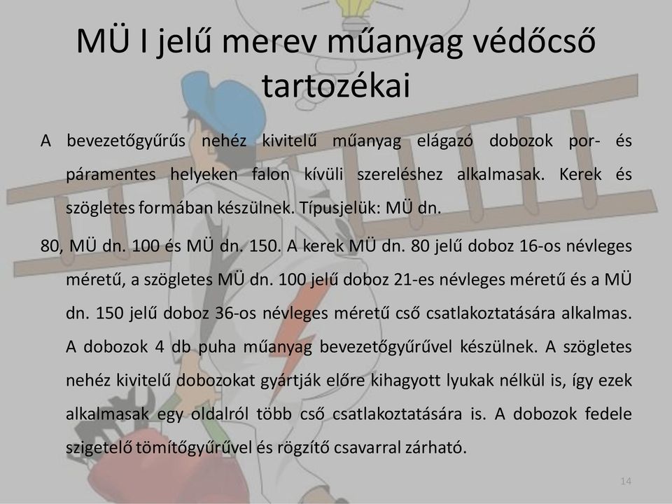 100 jelű doboz 21-es névleges méretű és a MÜ dn. 150 jelű doboz 36-os névleges méretű cső csatlakoztatására alkalmas. A dobozok 4 db puha műanyag bevezetőgyűrűvel készülnek.