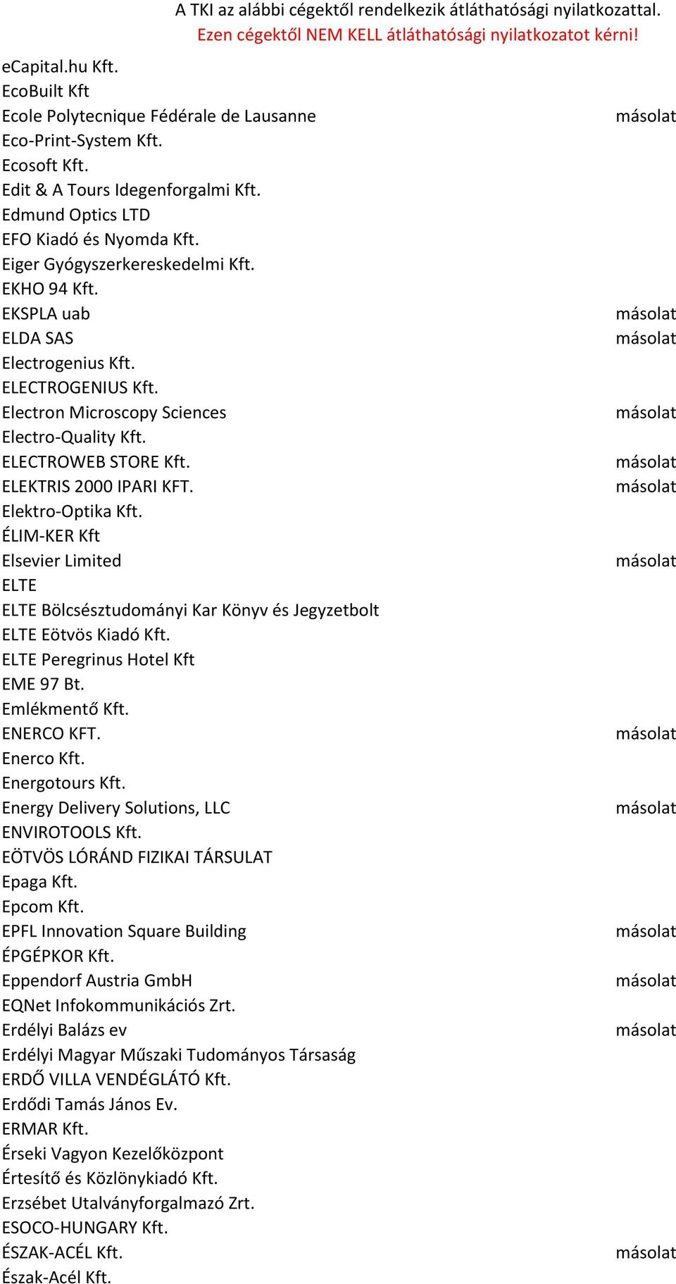 Elektro-Optika Kft. ÉLIM-KER Kft Elsevier Limited ELTE ELTE Bölcsésztudományi Kar Könyv és Jegyzetbolt ELTE Eötvös Kiadó Kft. ELTE Peregrinus Hotel Kft EME 97 Bt. Emlékmentő Kft. ENERCO KFT.