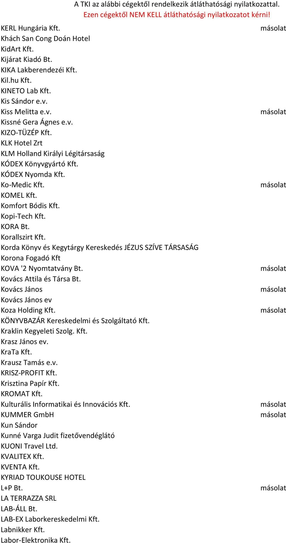 Korda Könyv és Kegytárgy Kereskedés JÉZUS SZÍVE TÁRSASÁG Korona Fogadó Kft KOVA '2 Nyomtatvány Bt. Kovács Attila és Társa Bt. Kovács János Kovács János ev Koza Holding Kft.