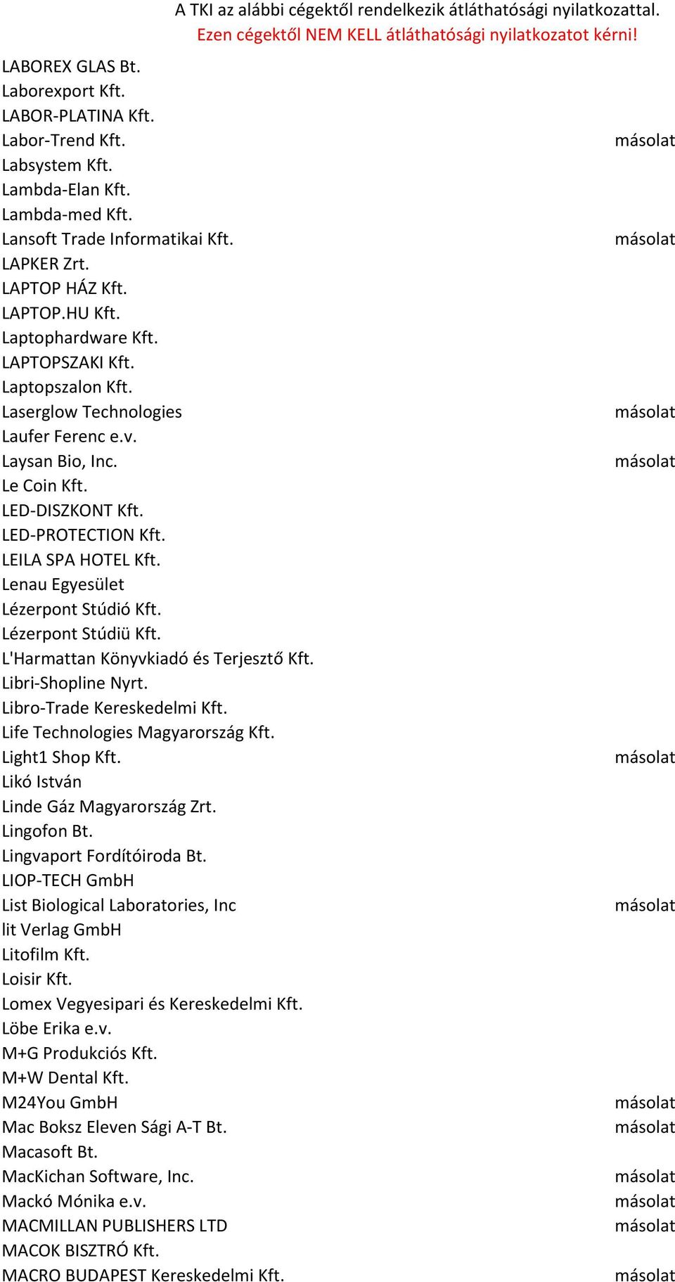 Lenau Egyesület Lézerpont Stúdió Kft. Lézerpont Stúdiü Kft. L'Harmattan Könyvkiadó és Terjesztő Kft. Libri-Shopline Nyrt. Libro-Trade Kereskedelmi Kft. Life Technologies Magyarország Kft.