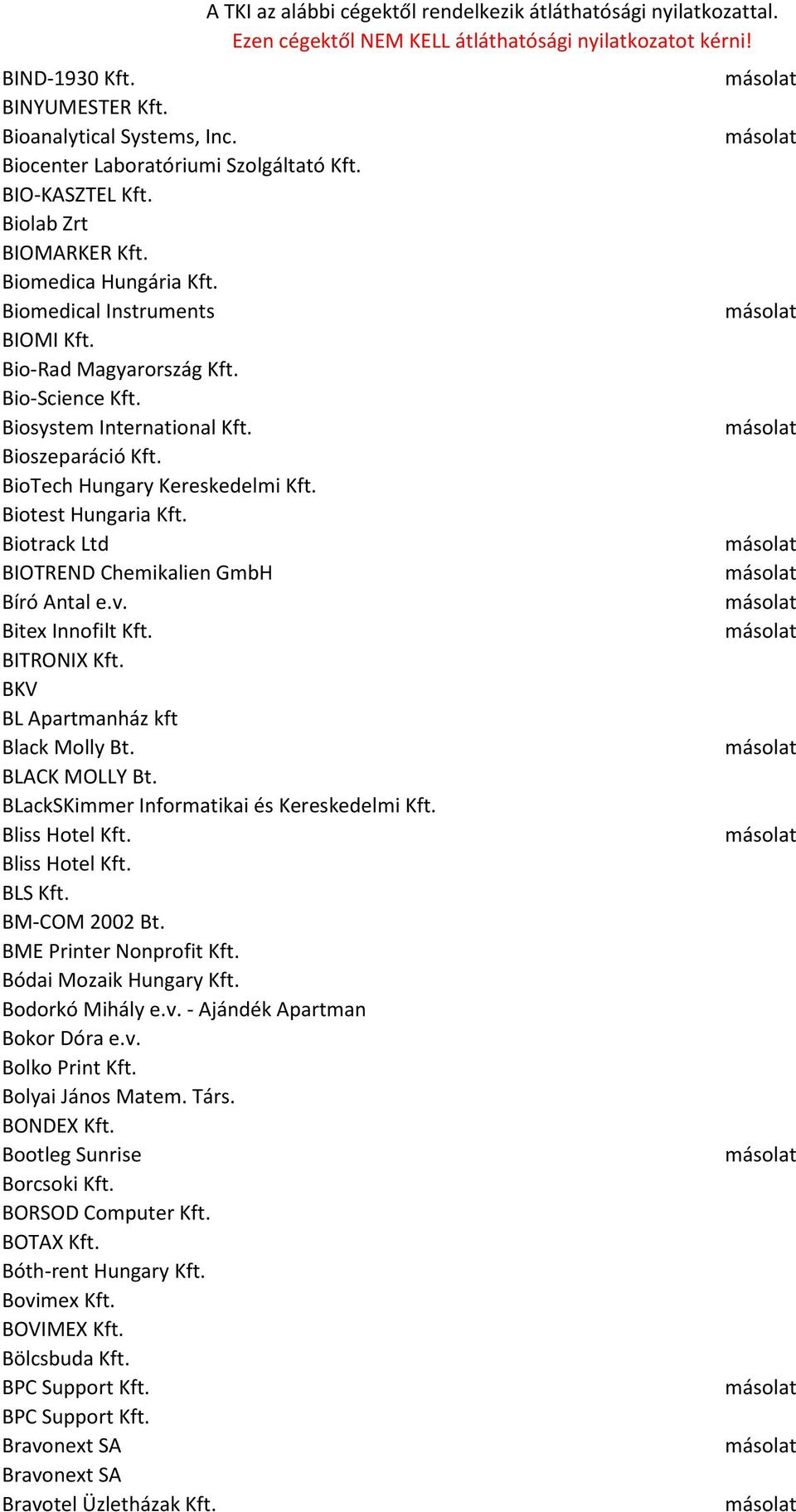 Biotrack Ltd BIOTREND Chemikalien GmbH Bíró Antal e.v. Bitex Innofilt Kft. BITRONIX Kft. BKV BL Apartmanház kft Black Molly Bt. BLACK MOLLY Bt. BLackSKimmer Informatikai és Kereskedelmi Kft.