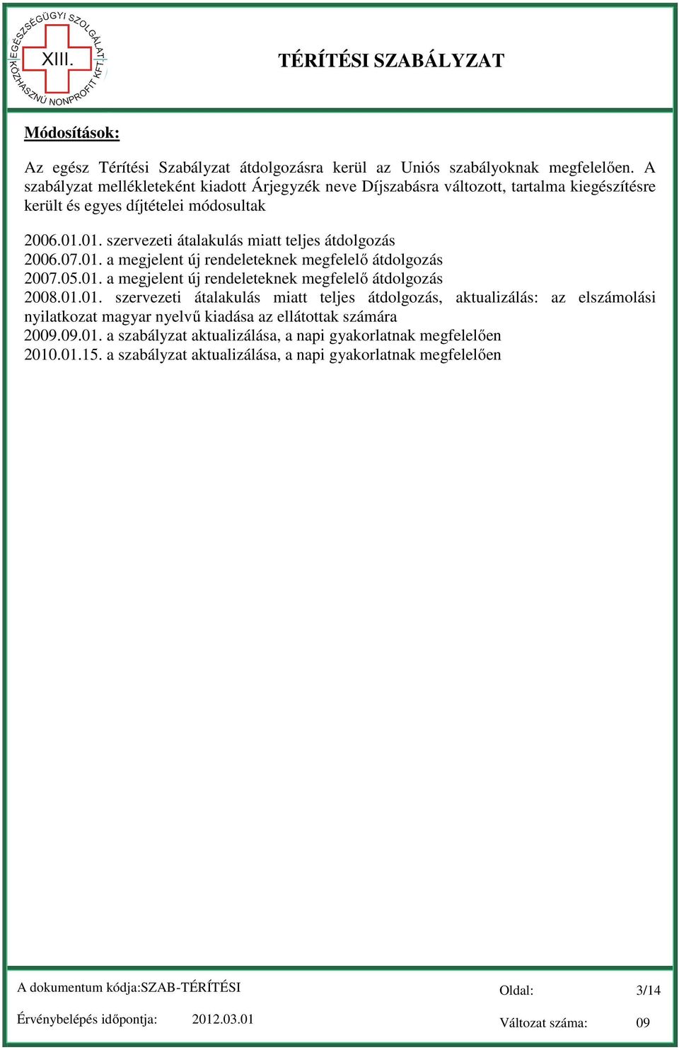 01. szervezeti átalakulás miatt teljes átdolgozás 2006.07.01. a megjelent új rendeleteknek megfelelő átdolgozás 2007.05.01. a megjelent új rendeleteknek megfelelő átdolgozás 2008.