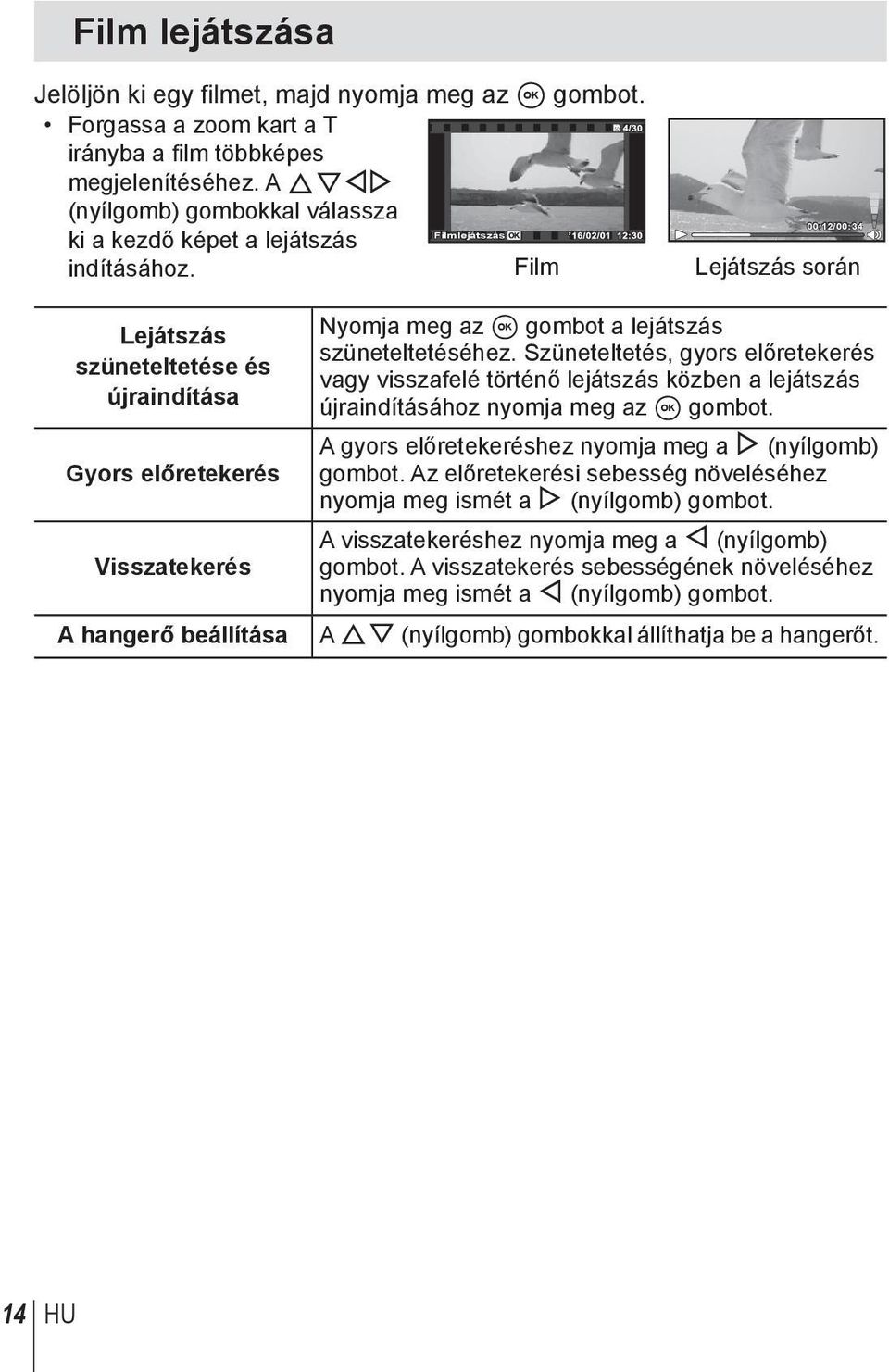 Filmlejátszás Film 00:12/00:34 Lejátszás során Lejátszás szüneteltetése és újraindítása Gyors előretekerés Visszatekerés A hangerő beállítása Nyomja meg az A gombot a lejátszás szüneteltetéséhez.