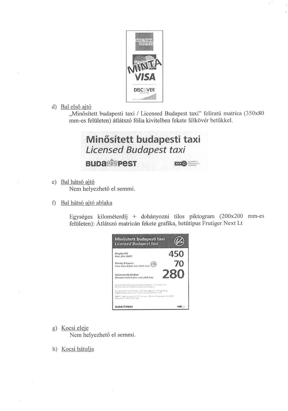 f) Bal hátsó ajtó ablaka Egységes kilométerdíj + dohányozni tilos piktogram (200x200 mm-es felületen): Átlátszó matricán fekete grafika, betűtípus Frutiger Next Lt Minösltett budapesti taxi rí/\