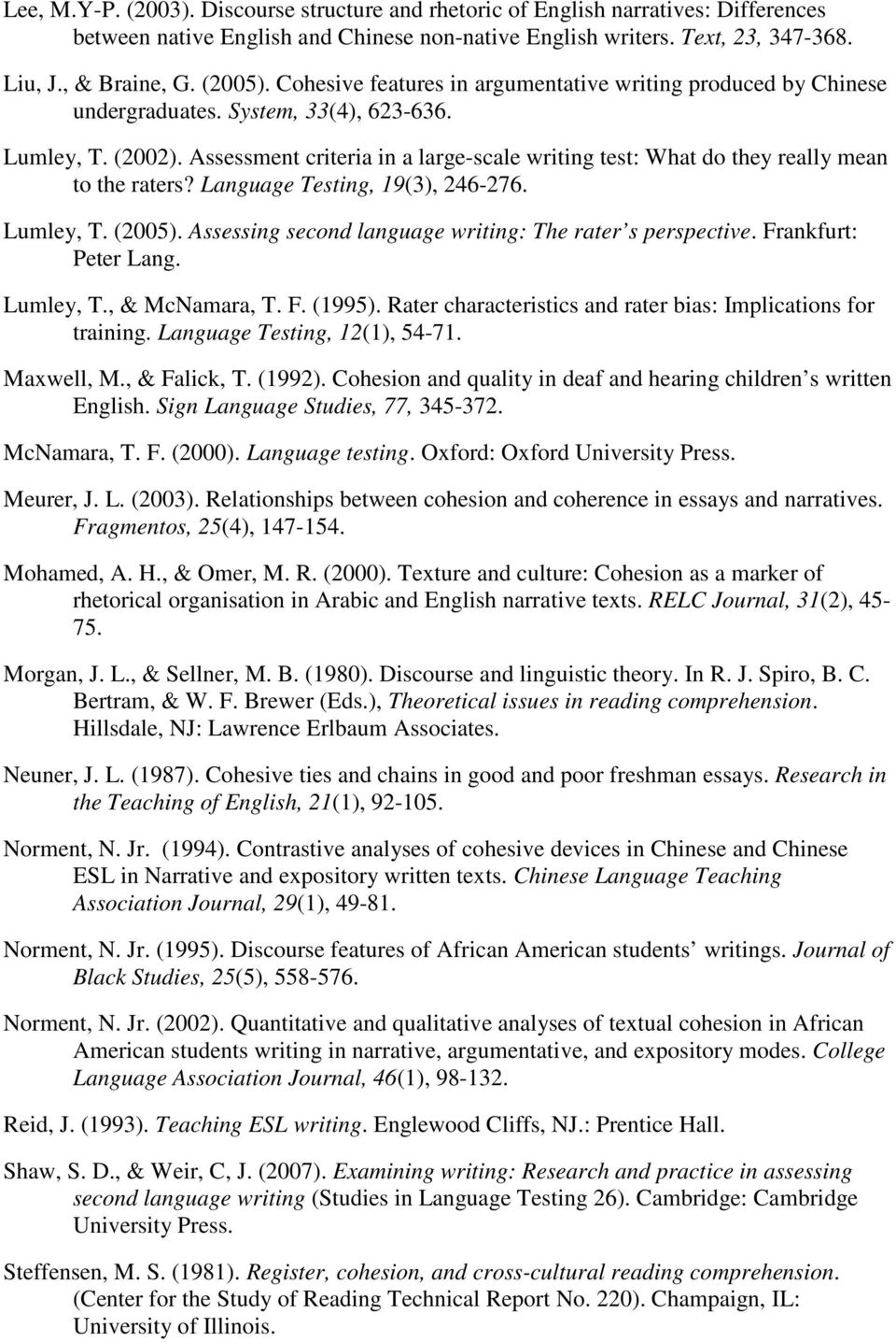 Assessment criteria in a large-scale writing test: What do they really mean to the raters? Language Testing, 19(3), 246-276. Lumley, T. (2005).