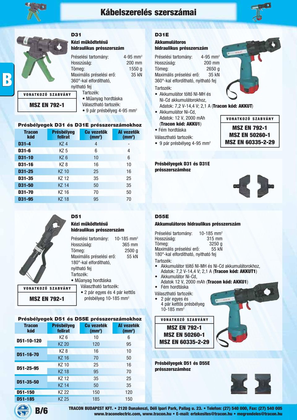 KZ 18 95 70 D31E Akkumulátoros Préselési tartomány: 4-95 mm 2 200 mm 2650 g Maximális préselési erő: 35 kn 360 -kal elfordítható, nyitható fej Akkumulátor töltő NI-MH és Ni-Cd akkumulátorokhoz,