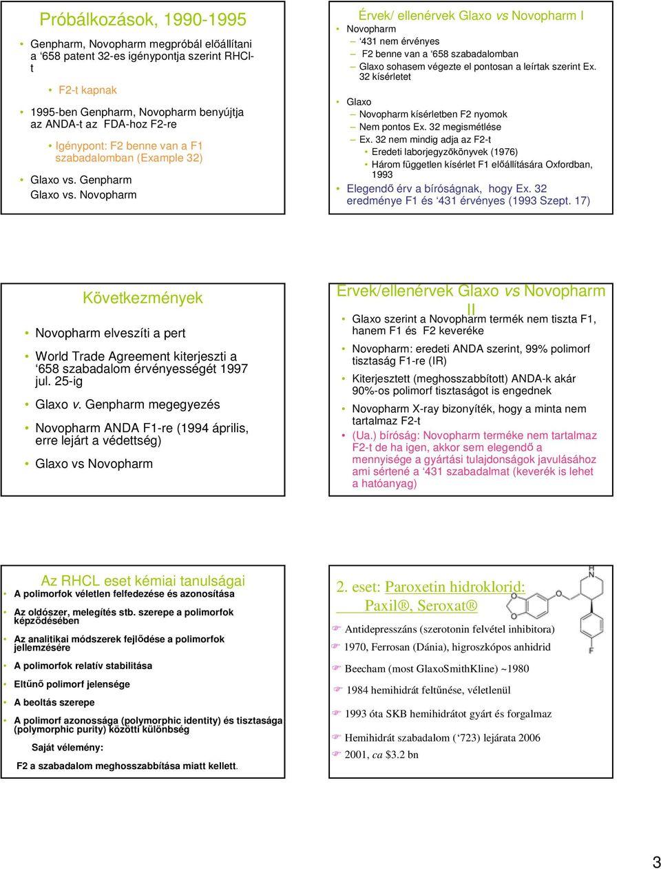 Novopharm Érvek/ ellenérvek Glaxo vs Novopharm I Novopharm 431 nem érvényes F2 benne van a 658 szabadalomban Glaxo sohasem végezte el pontosan a leírtak szerint Ex.