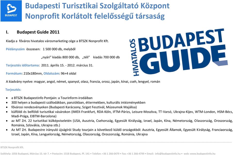 Formátum: 210x180mm, Oldalszám: 96+4 oldal A kiadvány nyelve: magyar, angol, német, spanyol, olasz, francia, orosz, japán, kínai, cseh, lengyel, román Terjesztés: a BTSZK Budapestinfo Pontjain: a