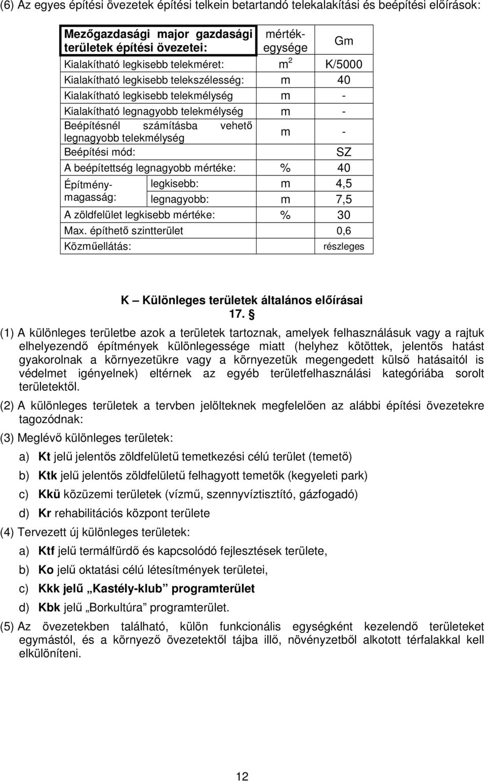 telekmélység m - Beépítési mód: SZ A beépítettség legnagyobb mértéke: % 40 Építménymagasság: legkisebb: m 4,5 legnagyobb: m 7,5 A zöldfelület legkisebb mértéke: % 30 Max.