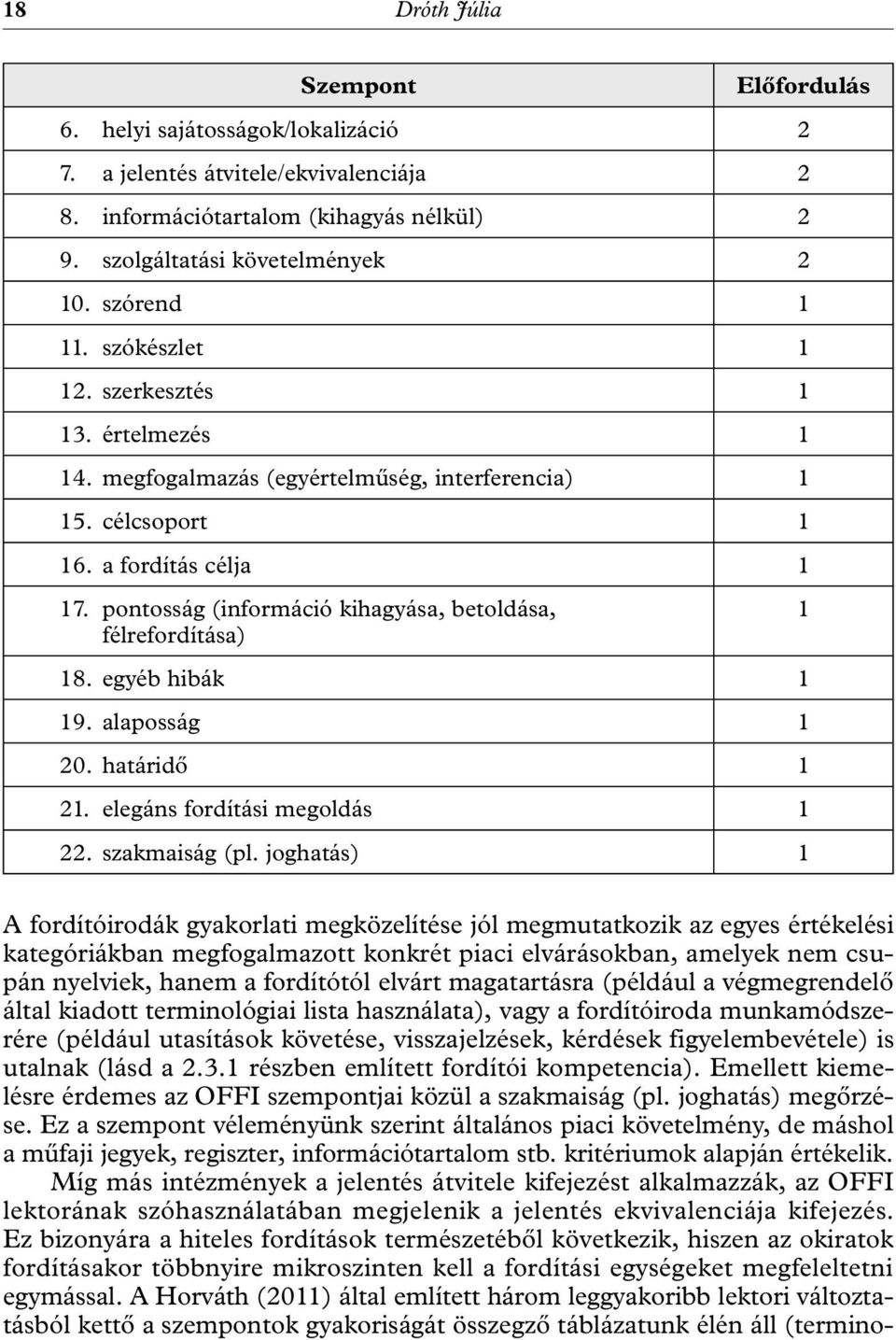 pontosság (információ kihagyása, betoldása, félrefordítása) 18. egyéb hibák 1 19. alaposság 1 20. határidő 1 21. elegáns fordítási megoldás 1 22. szakmaiság (pl.