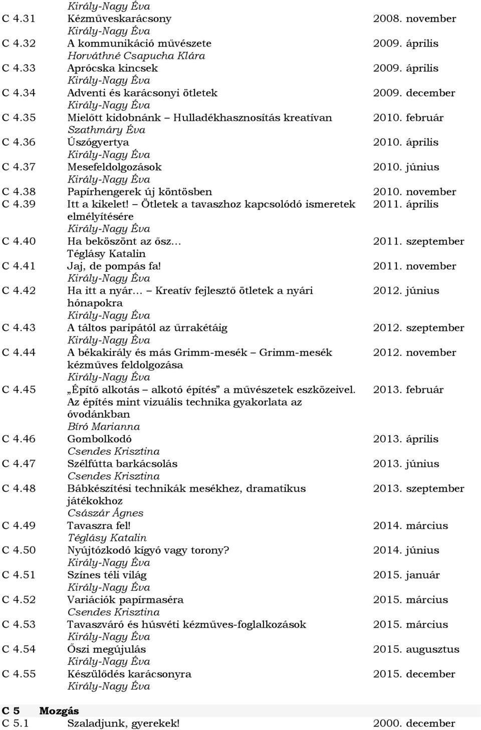 november C 4.39 Itt a kikelet! Ötletek a tavaszhoz kapcsolódó ismeretek 2011. április elmélyítésére C 4.40 Ha beköszönt az ősz 2011. szeptember Téglásy Katalin C 4.41 Jaj, de pompás fa! 2011. november C 4.