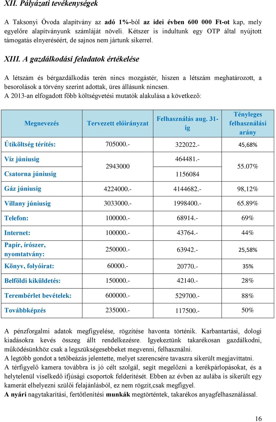 A gazdálkodási feladatok értékelése A létszám és bérgazdálkodás terén nincs mozgástér, hiszen a létszám meghatározott, a besorolások a törvény szerint adottak, üres állásunk nincsen.