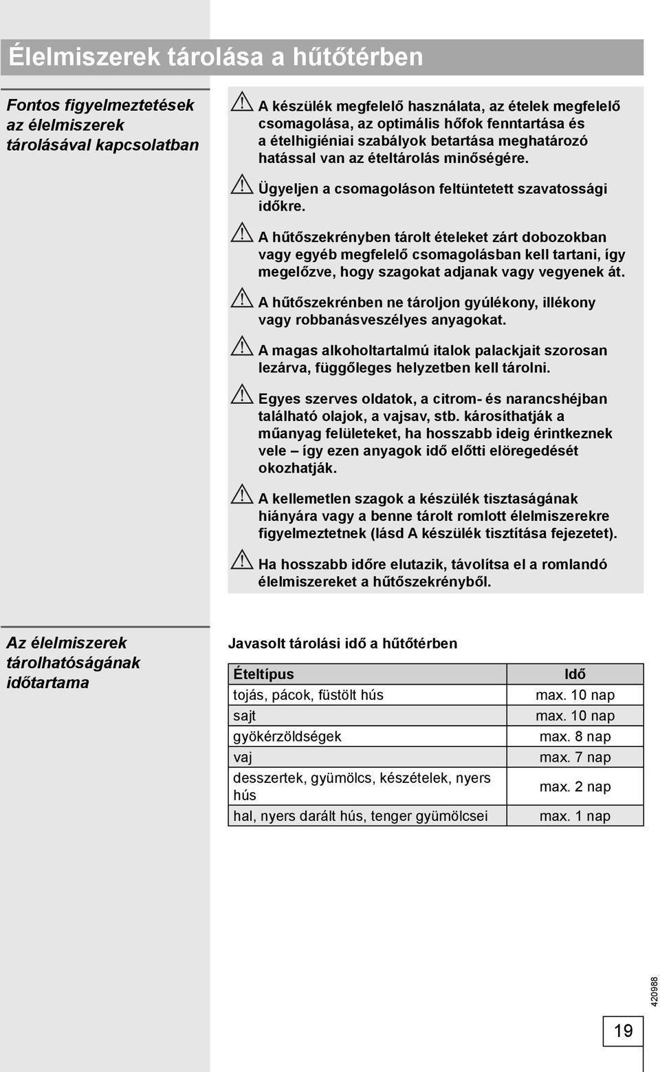 A hűtőszekrényben tárolt ételeket zárt dobozokban vagy egyéb megfelelő csomagolásban kell tartani, így megelőzve, hogy szagokat adjanak vagy vegyenek át.