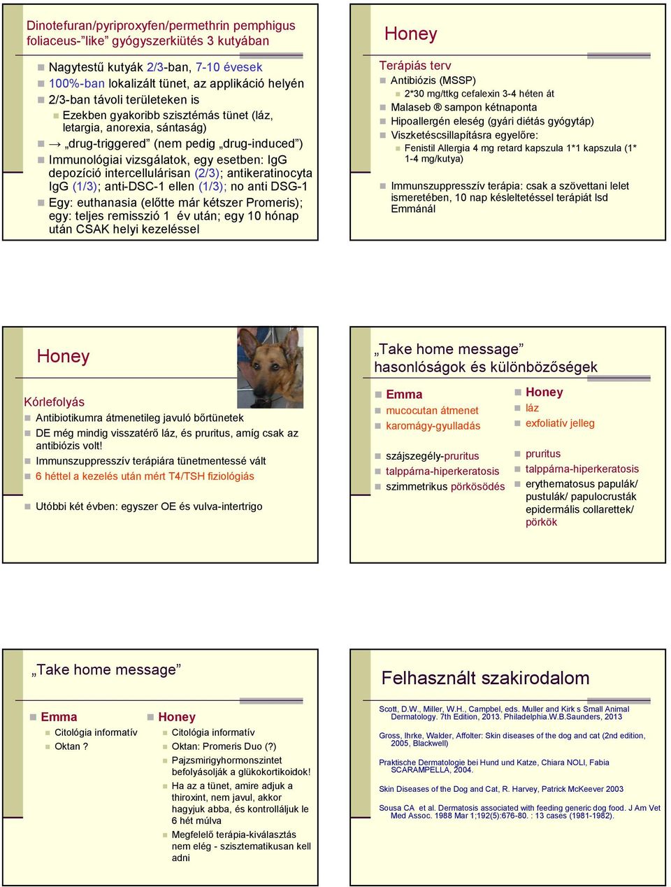 (2/3); antikeratinocyta IgG (1/3); anti-dsc-1 ellen (1/3); no anti DSG-1 Egy: euthanasia (elıtte már kétszer Promeris); egy: teljes remisszió 1 év után; egy 10 hónap után CSAK helyi kezeléssel Honey