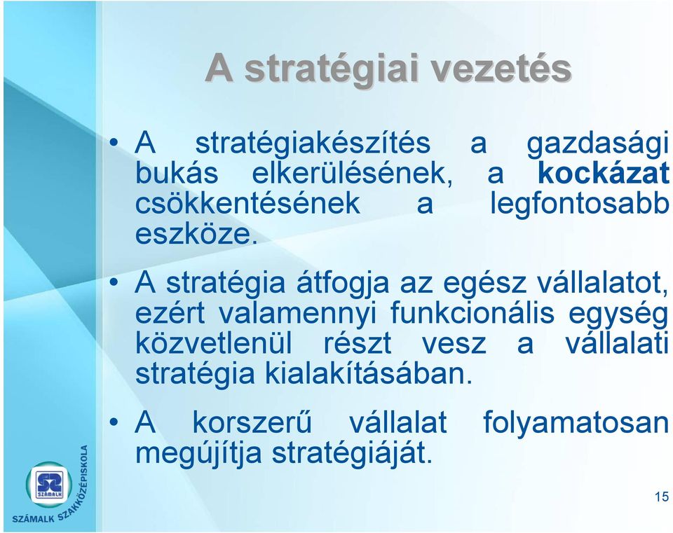 A stratégia átfogja az egész vállalatot, ezért valamennyi funkcionális egység