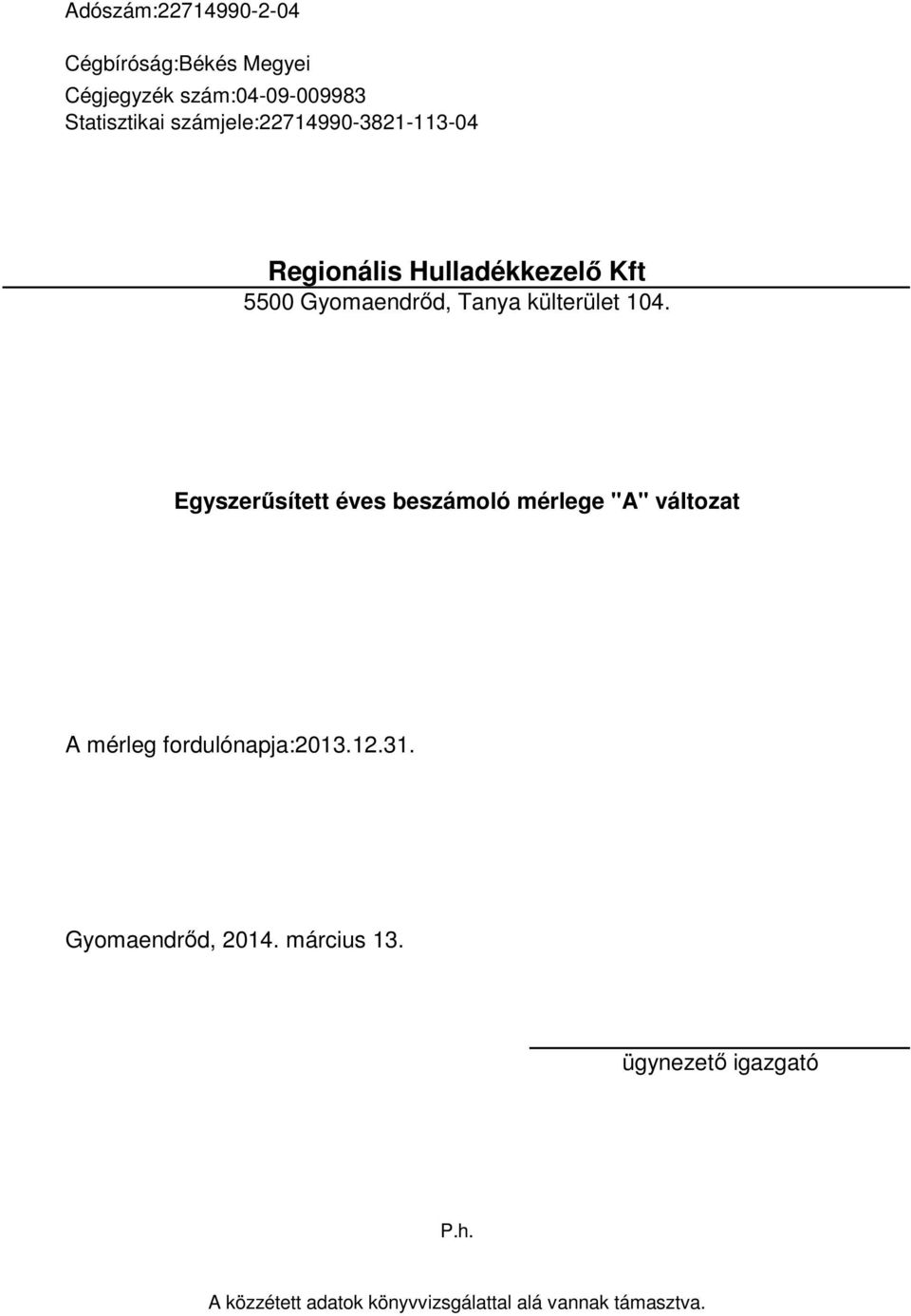 104. Egyszerűsített éves beszámoló mérlege "A" változat A mérleg fordulónapja:2013.12.31.