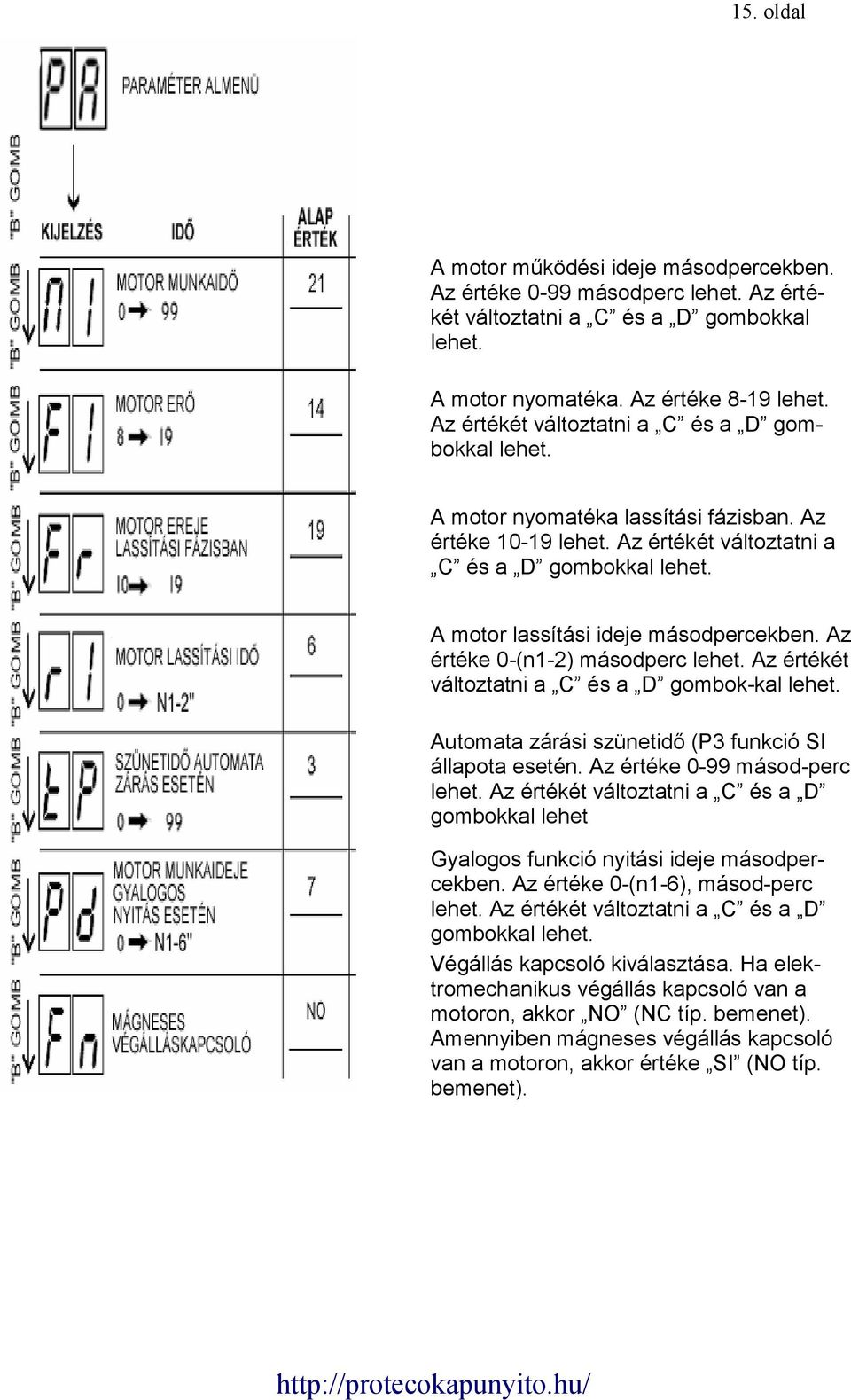 A motor lassítási ideje másodpercekben. Az értéke 0-(n1-2) másodperc lehet. Az értékét változtatni a C és a D gombok-kal lehet. Automata zárási szünetidő (P3 funkció SI állapota esetén.